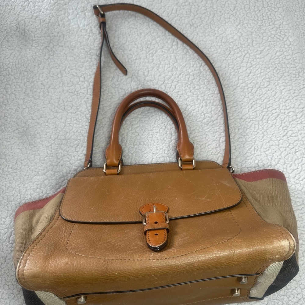 Burberry Brown Leather-Trim Satchel with Canvas Sides